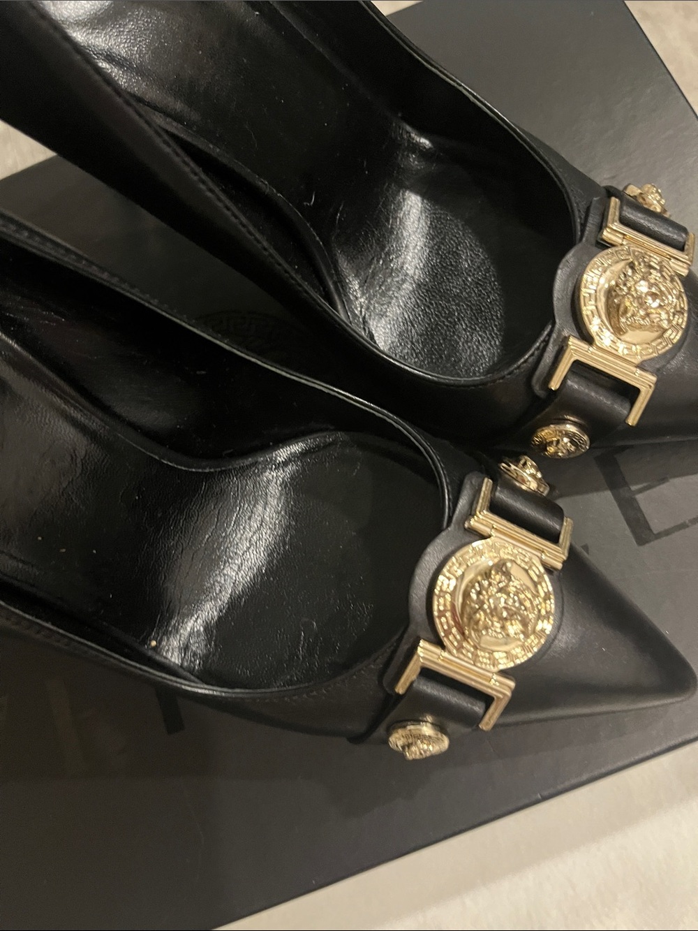 Versace Black Leather Pointed-Toe Stiletto Heels with Gold Medusa Hardware - Picture 7 of 7